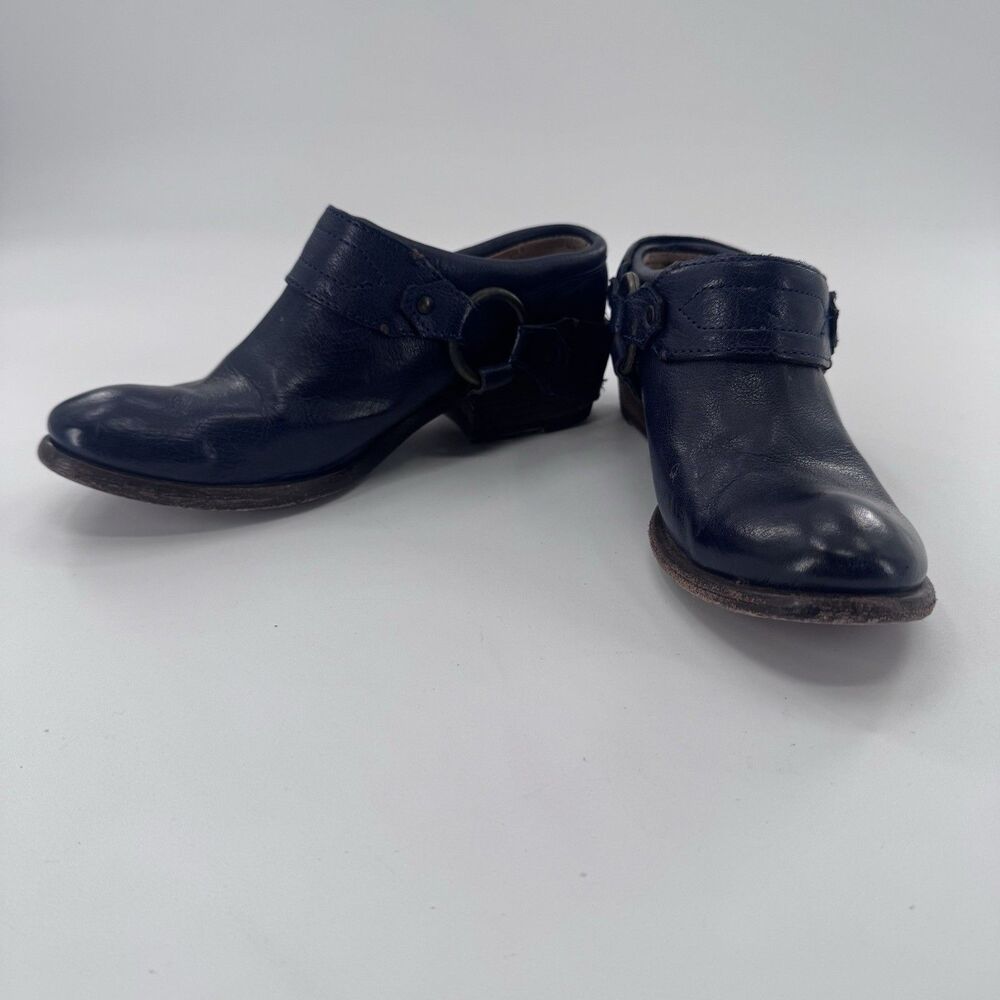 Frye Carson Blue Distressed Moto Leather Belted Harness Clog Mule Women’s 6 B